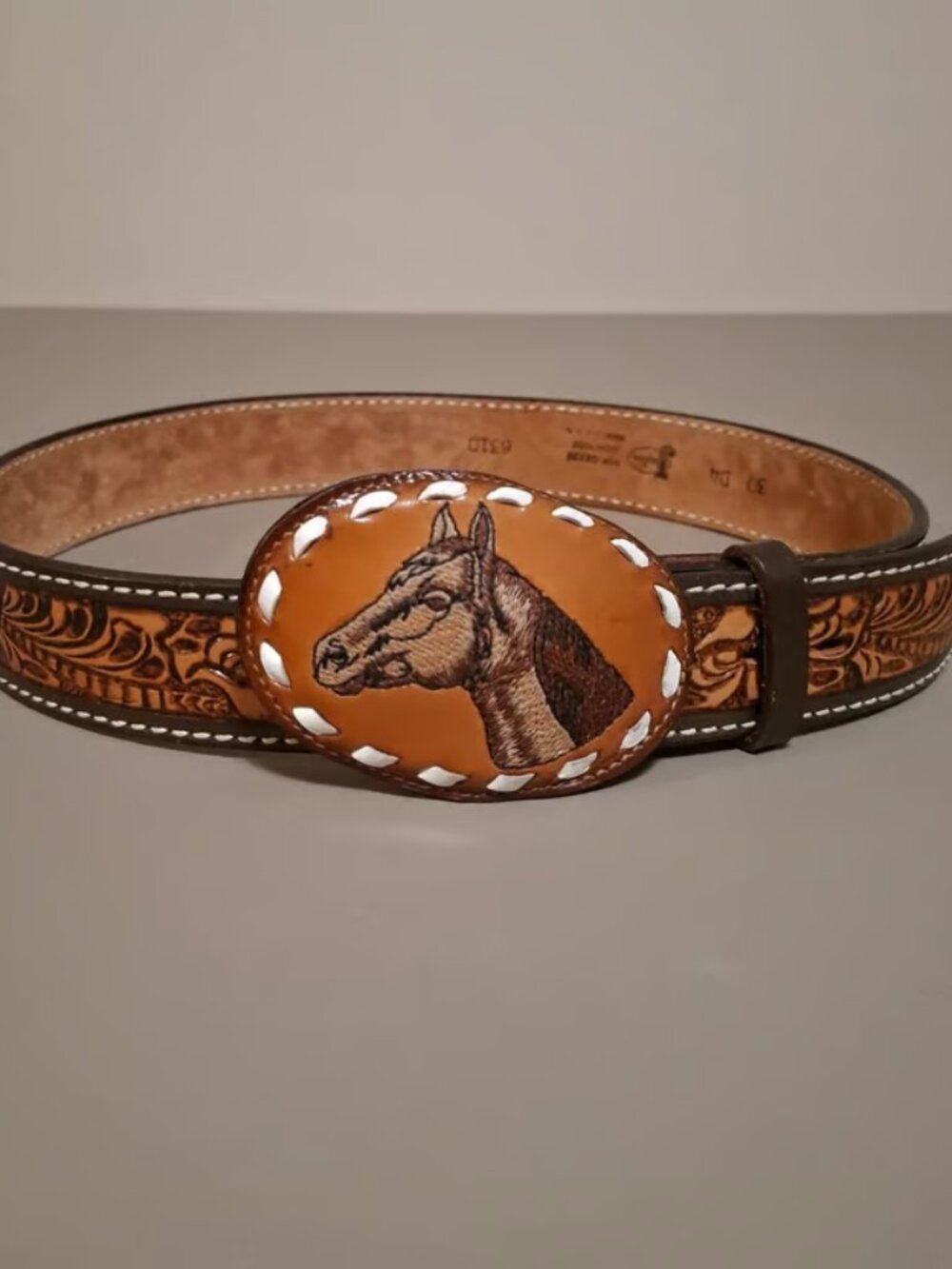 Justin Womens Tan Leather Belt With Tony Llama Leather Horse Belt Buckle Size 30